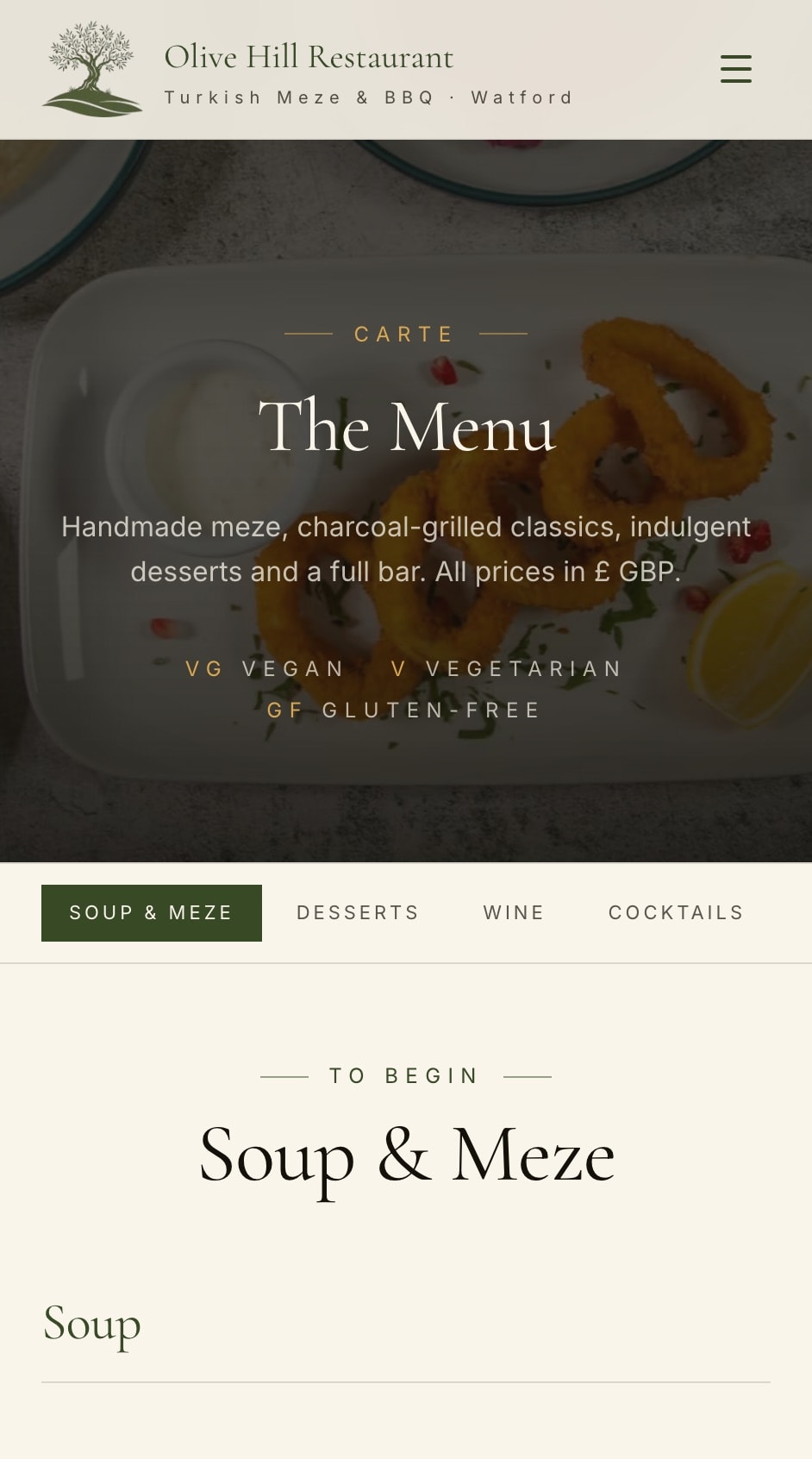 Olive Hill Restaurant menu on a phone: handmade meze, charcoal-grilled classics and a full bar