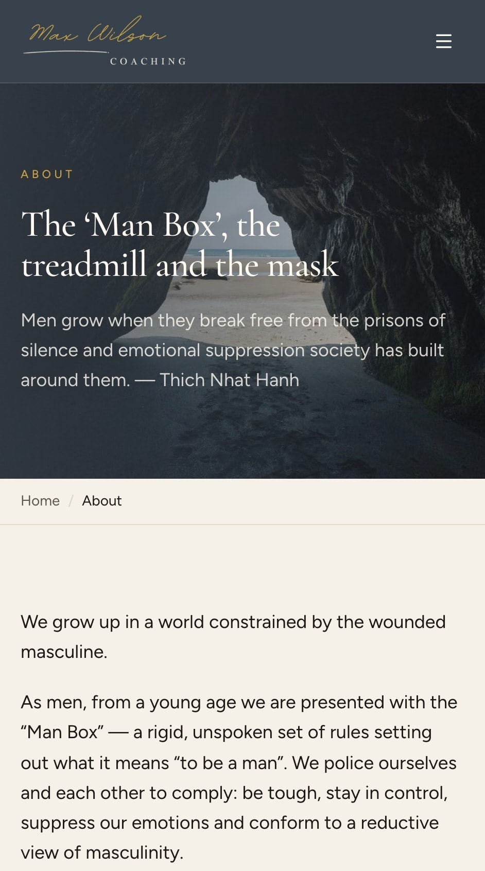 Max Wilson Coaching About page on a phone: the Man Box, the treadmill and the mask