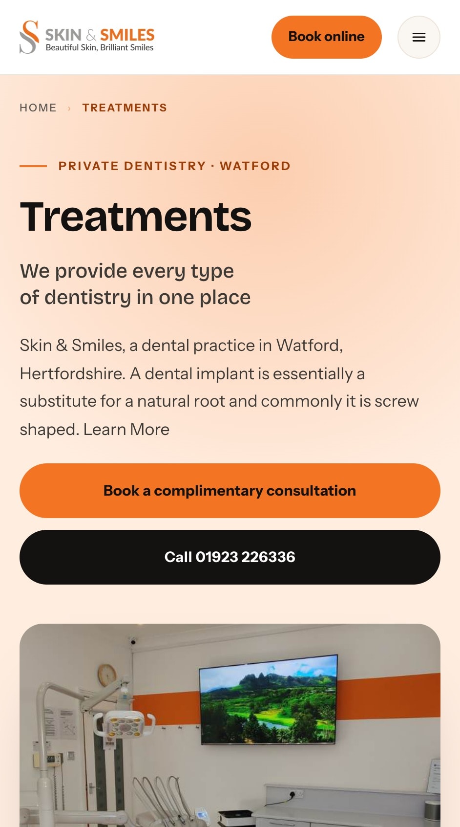 Skin & Smiles treatments page on a phone: every type of dentistry in one place, with booking