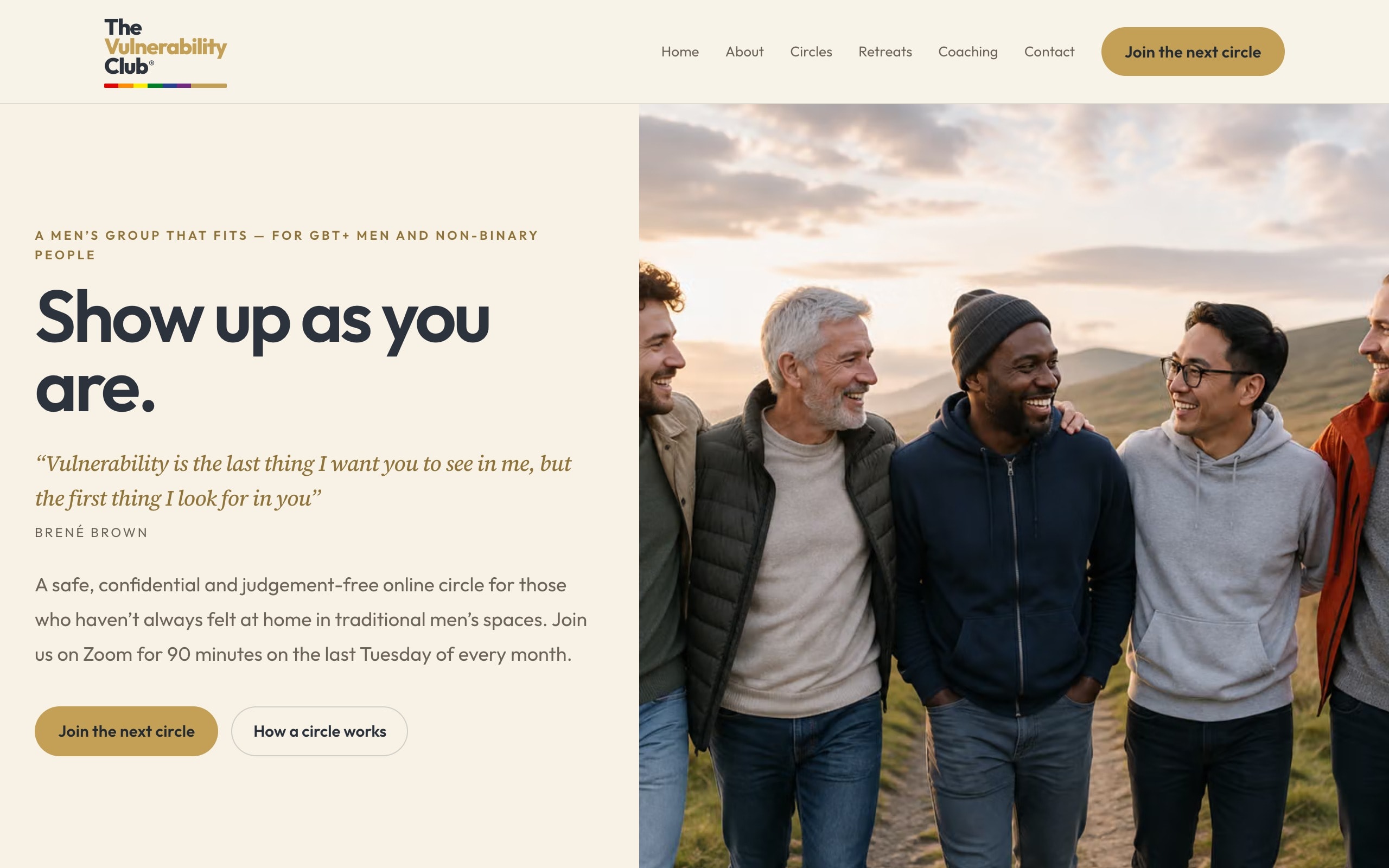 The Vulnerability Club homepage: a men’s group that fits, for GBT+ men and non-binary people