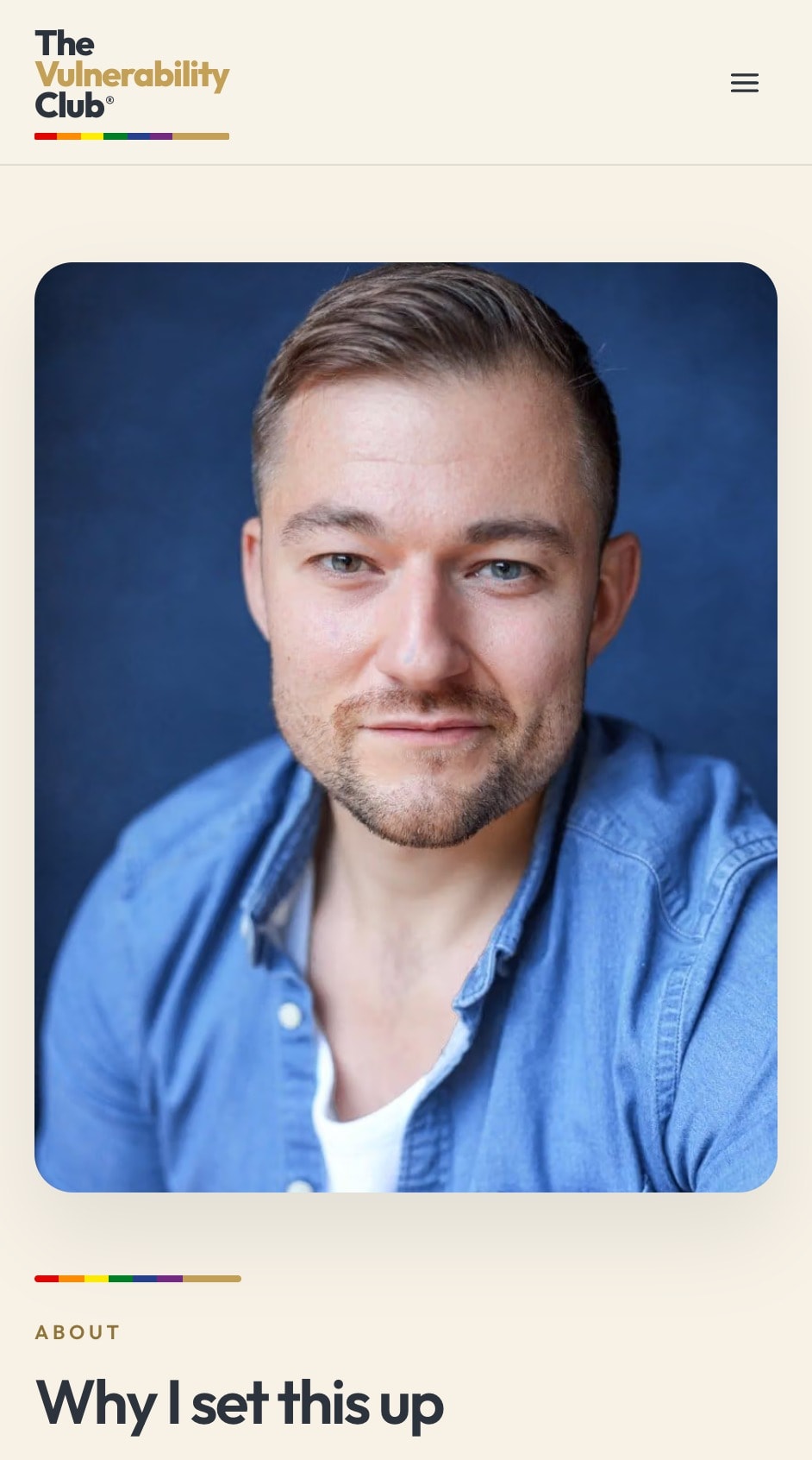 The Vulnerability Club About page on a phone: founder portrait and why the club exists